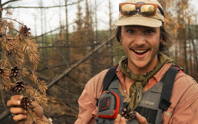 Kian McDonough is doing ecology field work.